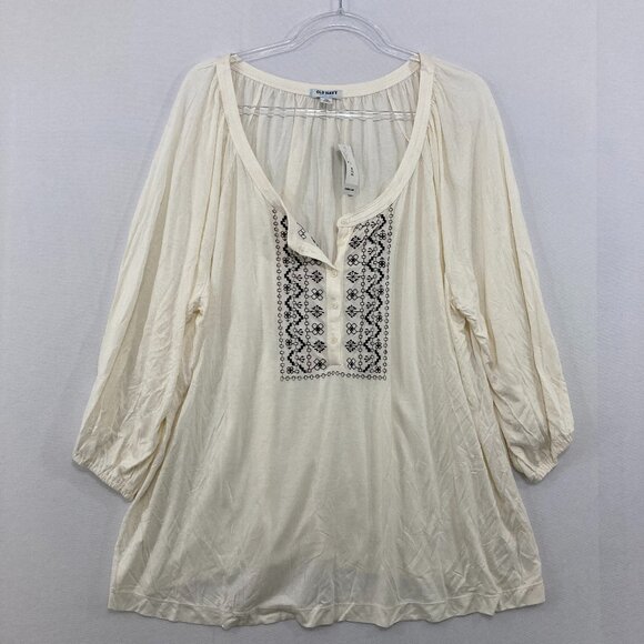 New Old Navy XXL White Cream Embroidered Boho Cottagecore Stretch Rayon Blouse - Picture 1 of 9